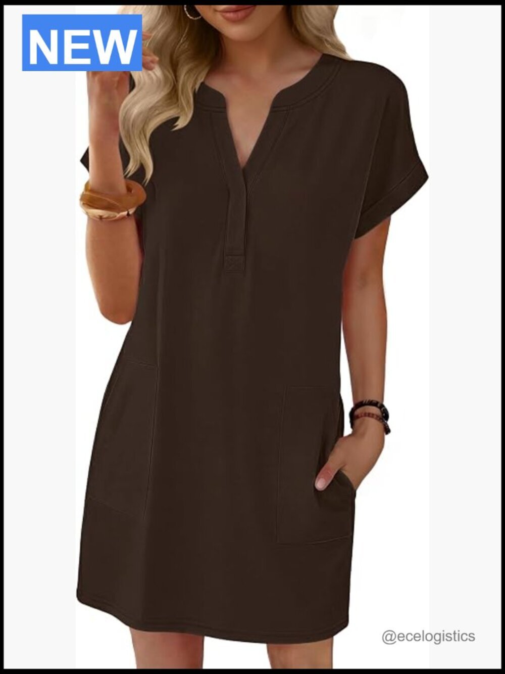 Casual V-Neck Short Sleeve Mini Tshirt Dress Loose Fit Beach Shift Sundress